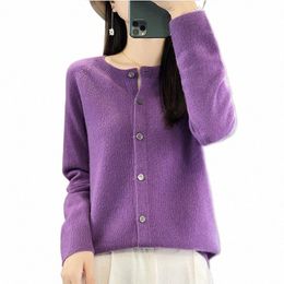 spring Autumn Hot Clothing Recommended 100% Pure Wool Cardigan Women's Round Neck Osmanthus Needle Knitting Sweater Loose Simple o7JA#