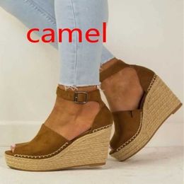 Sandals Summer Platform Womens Peep Toe High Wedges Heel Ankle Buckles Sandaria Espadrilles H240328ABCY