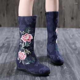 Boots Spring Autumn National Style Retro Height Increasing Embroider Cotton Fabric Women Half Mid-Calf Equestrian 210708