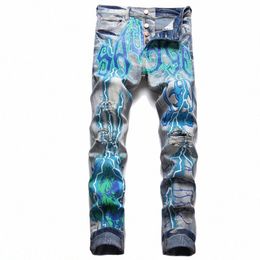 Jeans da uomo con stampa slim stretch blu tendenza punk strappato blu con stampa piedi piccoli p3Ow#