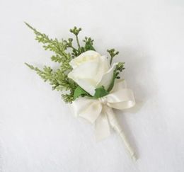 White Groomsmen Boutonniere Wedding Flower Bridesmaid Wrist Corsage Artificial Silk Rose Wedding Accessories Drop6955693