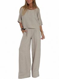 2023 Fi New Women's Wear Set Elegant and Elegant Cott Linen Shirt High Waist Wide Leg Pants Linen Two Piece Set r70B#