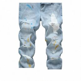 men's Slim Fit Sled and Ripped Denim Pants Jeans with Stylish Paint-Causal Fi Street Style 181C#