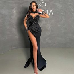 Fashion Black Prom Party Dress 2024 Sequins Stone Beads High Neck Slit Long Sleeves Satin Women Evening Formal Birthday Gowns Robe De Soiree