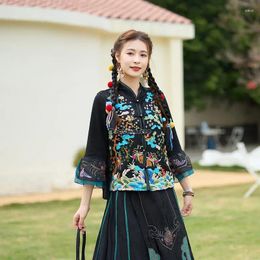 Ethnic Clothing 2024 Chinese Elegant Embroidered Vintage Jacquard Short Top Summer Women's National Style Stand Collar Half Sleeve Blouse