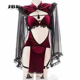 ojbk Punk Gothic Black Red Lace Sexy Lingerie for Women Maid Temptati Evil Dem Open Crotch Cosplay Backl Dr Costumes Y1X6#