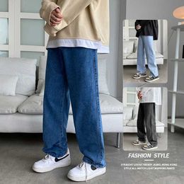 Men's Jeans 2024 New Street Clothing Pocket Jeans Mens Korean Fashion Loose Straight Wide Leg Pants Mens Brand Clothing Black Light Blue J240328
