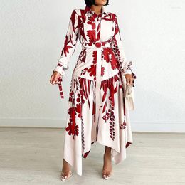 Casual Dresses 2024 Spring Plant Print Irregular Long Dress Women Turn-down Collar Button Lapel Shirt Autumn Sleeve Loose Boho