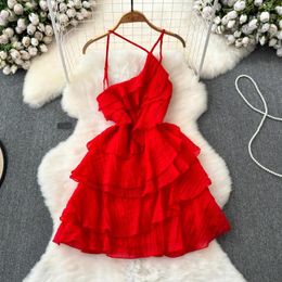 Casual Dresses Bodycon Dress Backless Exposed Shoulders Flounced Edge Tierred Chiffon Solid French Chic A-line Vestidos Summer Dropship