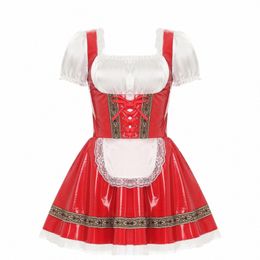 women Oktoberfest Costumes Traditial German Bavarian Beer Apr Maid Cosplay Outfits Glossy PU Leather Lace Trim A-Line Dr 54JB#