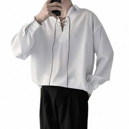 summer Men Blouse 2022 New Black White Brief Drawstring Bright Line Decorati Korean Clothing Fi Work Lg Sleeve T Shirts D5kY#
