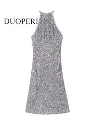Casual Dresses DUOPERI Women Fashion With Sequined Backless Knitted Midi Dress Vintage Halter Neck Sleeveless Female Chic Lady