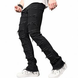 men Street HipHop Holes Patch Slim Biker Jeans Trousers Stylish Motorcycle Distred Solid Casual Male Denim Pants W85D#