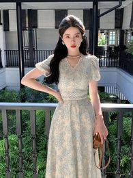 Casual Dresses Korea Elegant Printed Dress Women Fashion Retro Puff Sleeve V Neck Midi A Line Sundress Vestidos Lace Office Lady