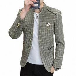 hoo 2024 Men's New Stand Collar Colour Matching Plaid Suit Jacket Youth Casual Fi Tailored blazer b2Mt#