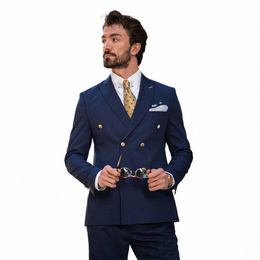 handsome Men's Suits High Quality Navy Blue Double Breasted Peak Lapel Slim Fit 2024 Costume Homme Formal 2 Piece Jacket Pants S99m#