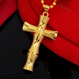 Bamboo Cross Pendant With Wave Chain For Women Men Girl 18K Yellow Gold Filled Classic Fashion Jewelry2595