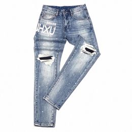 street Fi Men Jeans Retro Light Blue Stretch Slim Fit Printed Ripped Jeans Men Painted Designer Hip Hop Denim Pants Hombre g4Om#