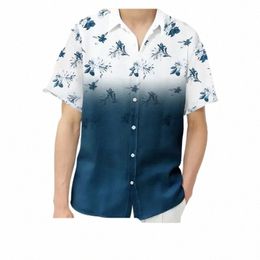 2024 Men's Summer New Loose Floral Print Gradient Color Street Lapel Short Sleeve Shirt Casual Fi Beach Vacati Tops 17tO#