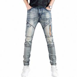 Fi Brand Zipper Jeans da uomo in denim Slim Brand Design Moto Stile Pantaloni maschili Persalized Craft Retro Lg Pants b3Fx #