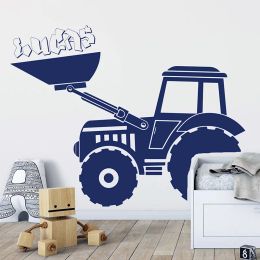 Stickers Custom Name Construction Tractor Wall Sticker Personalized Name Truck Crane Wall Decal Nursery Kids Room Vinyl Home Decor