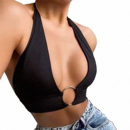 womens Sexy Sleevel Ring Linked Vest Halter Short Tank Tops Backl Ring Cnect Slim Fit Vest Casual Style Tops Slim Tops t2on#