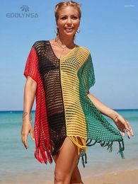 Boho Rainbow Striped Gradient Crochet Bathing Suit Cover-ups Plus Size Women Summer Beach Wear Tops Swimsuit Cover Up Q1303