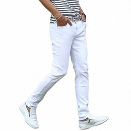 2023 Men White Jeans Youth Spring New Stretch Slim Fit thin Skinny Jeans U0Xw#