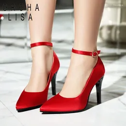 Dress Shoes ORCHA LISA 9cm Shallow Women Thin High Heels Party Office Lady's Pumps Pointed Toe Stiletto 32 43 Ankle Strap Satin