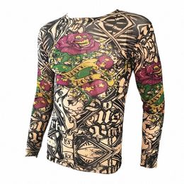 funny Lg Sleeve Fake Tattoo T Shirts All Over Print Men Women Arts Shirt Elastic Slim Fit Modal Thin Halen Clothes K55n#