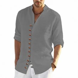 men's Cott Linen Shirt Butt Shirts Men Beach Shirt Summer Lg Sleeve Casual Solid Color Mandarin Collar Men's Shirt h1xK#