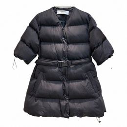 quality luxury brand 2023 Winter Black Down Cott Jacket Women High Quality V Neck Short Sleeve Belt Waist Mid-lg Jackets Thi O1XW#