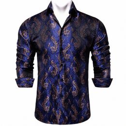 royal Blue Gold Paisley Silk Shirts for Men Lg Sleeve Social Dr Shirt Luxury Tuxedo Wedding Party Men Clothing DiBanGu r4FT#