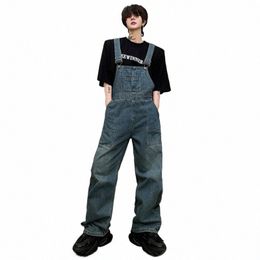 iefb Men Denim Overalls American Style Wed Patchwork Large Pockets Solid Colour Loose Male Jeans Retro Spring New Trend 9C4886 q4ka#