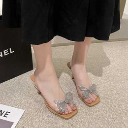 Sandals 2023 Summer New Transparent PVC Fashion High Grade with Bow Knot Wearing Slippers Externally Square Head Womens Shoes H24032887BM