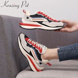 Casual Shoes Krazing Pot Size 40 Pig Leather Round Toe Lace Up High Heels Platform Sneakers Mixed Colors Sport Vulcanized