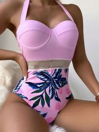 Women's Swimwear Contrast Mesh Tape Push Up One Piece Swimsuit Sexy Swimwear Women Halter Bathing Suit Female 2022 Swimming Summer Beachwear T240328