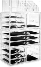 Storage Boxes Acrylic Cosmetic Makeup Organiser & Jewellery Display Case - Large 16 Slot 2 Box 9 Drawer Set Clear