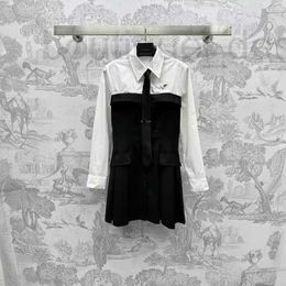 Women's Blouses & Shirts designer brand New Pra Minimalist Style, High-end Patchwork, Contrasting Color Tie Shirt, Lapel Long Sleeved Suit Dress 9PKT