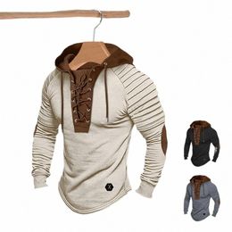 lg Sleeve Hoodie Vintage Lace-up Drawstring Men's Hoodie with Pleated Shoulders Soft Stretchy Breathable Daily Top Men Hooded M2x8#
