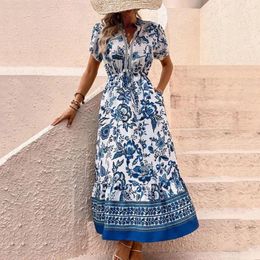 Casual Dresses Women Vacation Dress Lace-up High Waist A-line Ethnic Style Long Beach Floral Print V Neck Short Sleeves Summer Maxi