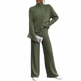 women's Two Piece Suits Knitted Matching Outfits High Neck Loose Tee And Pants Tracksuit Solid Colour Autumn Sweater Sets r1DT#