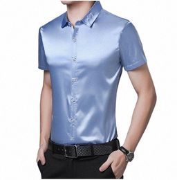 high Quality Summer Mens Silk Shirts Pure Color Male Casual Satin Dr Short Sleeve Soft Clothes V3Uu#