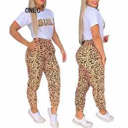 women Chic Leopard Letter Pattern Elastic Waist Pocket Casual Pants Sets 92ef#