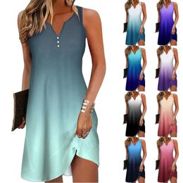 Casual Dresses 2024 Womens Summer Dress Button Down V Neck Sleeveless A Line Fashion Boho Gradient Beach Plus Size Sundress