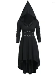 Casual Dresses Vintage Punk Black Medieval Hooded Dress Harajuku Gothic Dark Irregular Women Slim Pointed Hat Corns Cross Tie Long Sleeve