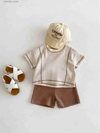 T-shirts Baby Short Sleeve Clothes Set 2024 Summer New Infant Boy Girl Solid Waffle Tops + Shorts 2pcs Suit Toddler Casual Tees Outfits24328