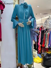 Casual Dresses 2024 Spring Fashion Ribbon 3D Flower Slit Bell Sleeve Dress High Waist Slimming Elegant Mid-Length Women's