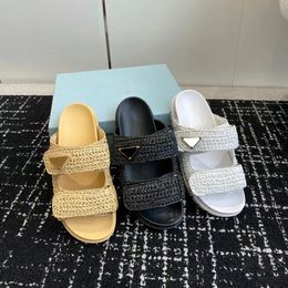 2024 New sandals Slippers straw shoes Summer luxurys Designer Sliders prad loafer outdoor Men Womens indoor Home weave Dress sho sandale Slide Casual indoor Mule box