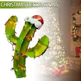 Sculptures New Metal Merry Christmas Tilted Cactus With Light Garden Outdoor Lighting Christmas Tree Cactus Holiday Patio Decoration